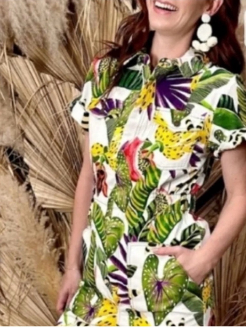FarmRio Tropical Print Short-Sleeve Jumpsuit in White - Picture 4 of 12